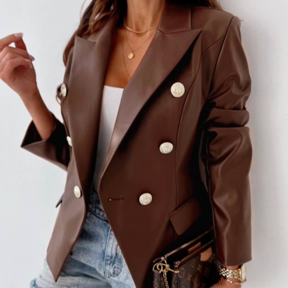 Brown Double-Breasted Women's Faux Leather Blazer - Picture 3 of 6